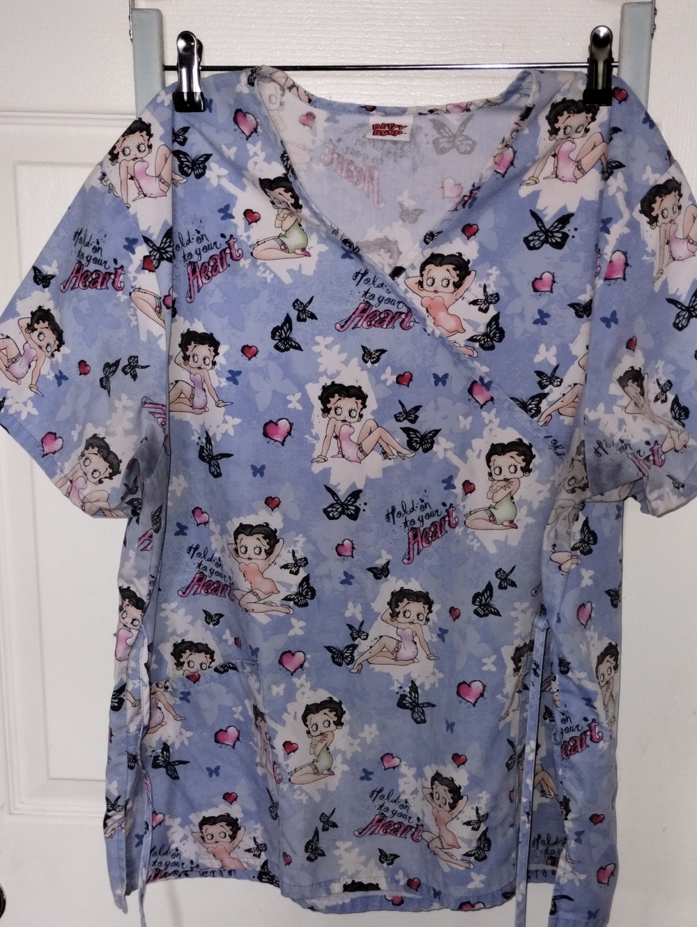 Betty Boop Light Blue Scrub Top with Pink and Black Accents